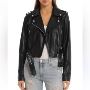 Bagatelle Black Faux Leather Moto Biker Jacket w Silver Detail Size Medium EUC